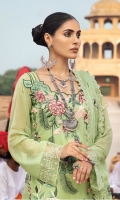 Shirt Front:  Chiffon Embroidered 1 Meter  Back & Sleeves:  Chiffon Back Sleeves 1.90 Meter  Daman Lace 0.75 Meter  Sleeve Lace 1 Meter  Chiffon Dupatta:  Embroidered  2.50 Yards  Dupatta Lace Small 5 Meters  Dupatta Lace 2.5 Meter  Grip Trouser:  2.50 Yards
