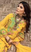 Shirt Front:  Chiffon Embroidered 1 Meter  Back & Sleeves:  Chiffon Back & Sleeves 1.90 Meter  Daman & Neck Patch   Daman Back & Front Lace 1.5 Meter  Dupatta & Sleeve Small Lace 8 Meters  Chiffon Dupatta:  Plain Chiffon  2.50 Yards  Dupatta & Sleeve Lace 3.5 Meters  Grip Trouser:  2.50 Yards