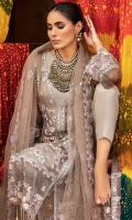 Shirt Front:  Chiffon Embroidered (2 Pcs Left & Right) 1.50 Meter  Daman Back & Front Lace 1.5 Meter  Shirt Front Small Lace 2.5 Meter  Back & Sleeves:  Chiffon Back & Sleeves 1.90 Meter  Sleeves Lace 1 Meter  Nylon Net Dupatta:  Embroidered 2.50 Yards  Dupatta & Sleeve Lace 7 Meters  Grip Trouser:  2.50 Yards