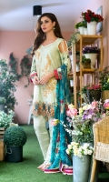 Shirt Front: Embroidered/Printed - 1.25 Meters Shirt Back: Printed - 1.25 Meters Dupatta: Chiffon/Printed - 2.5 Meters Sleeves: Printed - 1 Pair Trouser: Dyed - 2.5 Meters Border: Embroidered - 1 Piece