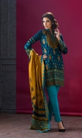 Shirt Front: Embroidered/Printed - 1.25 Meters Shirt Back: Printed - 1.25 Meters Dupatta: Printed - 2.5 Meters Sleeves: Printed - 1 Pair Trouser: Dyed - 2.5 Meters