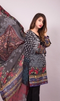 A classic black and grey printed shirt with embroidered neckline in grey roses and pearl buttons with tassel finishing on sleeves. It comes with a digital print silk dupatta with beautiful royal roses and ornamental design.