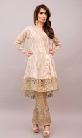 Bringing back the timelessness of our heritage wear to your summer wardrobe with a modern twist is this angrakha frock in a custom made gold weave jacquard fabric with embroidery on neckline and baazoband,finished with tassels. It has a gold organza border with cut work and floral embroidery on hem.Take your pick from the subtle creme or the muted mango yellow and you are ready to rock this Eid in style.