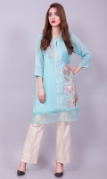 Straight fit chiffon shirt with organza extension and crystal and pearls Patti on front opening with a multi color embroidery in soft hues on each side. This shirt is perfect for your evening wardrobe this summer.
