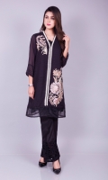 Straight fit chiffon shirt with organza extension and crystal and pearls Patti on front opening with a multi color embroidery in soft hues on each side. This shirt is perfect for your evening wardrobe this summer.