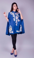 Cobalt blue cape in cotton net in a modern cut with a surreal oriental embellishment on front. Pair it with your jumpsuits or skinny jeans for a modern look, or a pair of raw silk bell bottoms and plain shirt for a more dressed up smart look.