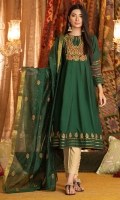 A multi panel frock in bottle green with a Persian vibe, it has an embroidery with paisley on yoke, full sleeves with embroidery in stripes, and motifs on hem. It is finished with gold dori detail and comes with an embroidered cotton net dupatta.