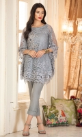 A rich embroidered net poncho in the so on trend grey color with border, hand work on neckline and handwork motif.
