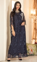 Navy blue kaftan in embroidered net fabric with one hand work motif on shoulder with 3D effect.