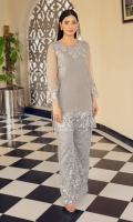 Grey embroidered net trousers in a flared cut, with a slim fit organza shirt with embroidered fabric borders on hem & sleeves. The yoke has detailed handwork with 3-d effect, beads and crystal and front is done with hand work beads & crystal spray.