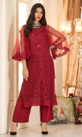 Long shirt dress in a deep red colored embroidered net with red pearls,and a plunge insert neckline with handwork. It has big volume bias cut sleeves with embroidery detail.