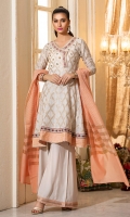 A short peplum in a classic cream colored jamawar cotton net , with embroidery, peach and borders and gota details. It comes with loose flared pants and a peach cotton net dupatta.