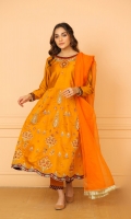  Orange cotton net  embroidered shirt paired with plain organza dupatta and also paired with viscose trousers in orange .