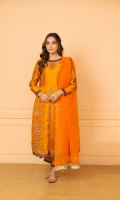  Orange cotton net  embroidered shirt paired with plain organza dupatta and also paired with viscose trousers in orange .