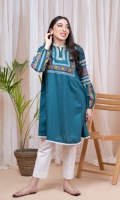 Teal blue viscose shirt with cross stitch effect embroidery on the neckline and sleeves.