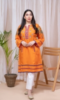 Burnt orange cambric kurta with ethnic embroidery on the front and sleeves bearing beautiful motifs. With contrasting berry and purple stripes on the hem and cuffs.