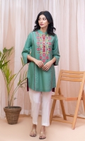 Sea green cambric embroidered kurta with maroon facings inside. Styled with side slits along the hem.