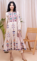 A fun beige cambric screen printed long dress styled frock featuring tribal embroidery. A must have in your wardrobe!