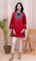 Red Cambric loose fit short kurta. Intricate embroidery on the neckline patch on the front and back with contrasting blue embroidered borders.