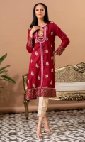 Lawn shirt in deep maroon with embroidery all over, printed border and cuffs, and buttons details.