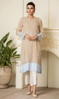 Chiffon in a muted sand beige with composed white embroidery all over,and soft sky blue borers with white emboss print.