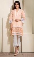 Peach colored chikan shirt with organza extension with embroidery, and white laces detailing.