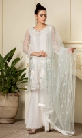 White organza shirt with sequins details, and multi color embroidery. It comes with an ice color net dupatta with embroidery.