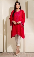 We love the fall of this fabric, an all red number in a soft flowy silhouette and pink embroidery on neckline and front, a s well as detailing on sleeves.
