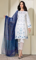 White shirt with a composed embroidery all over front in shades on blue pottery, and cotton net dupatta in similar shades.