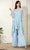Sky blue net peplum with embroidery and handwork on yoke and sleeves., with a bias cut peplum in embroidered net.