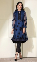Blue & black net frock with pleating and black accents and edgings.