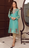 Aqua maysoori kurta with rich colors embroidery on neckilne, side slits and hemline corners. Tilla embroider on the sleeves end. Paired with viscose lining.