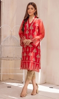 Coral heavily tilla embroidered organza shirt with handwork on neckline. It comes with viscose slip. Perfect for evening wear.