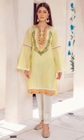 mango yellow striped cotton loose kurta with fresh green rust and white colored embroidery on neckline, hemline and sleeves. Lace details on the sleeve end. Handmade sheesha buttons added to the front of neckilne.
