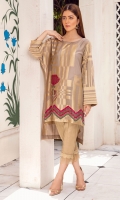 Gold and beige loose fit asymmetrical kurta with modern embroidery in bright colors on the hemline.