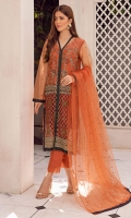 Rust colored heavily embroidered net shirt with screen printed borders details . Matching embroidered net dupatta with screen prnted border details on pallu.It comes with slip and viscose trousers.