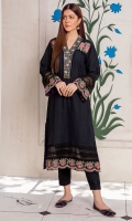 Black schiffli shirt with embroidery on yoke , neckline andhemline. Lace inserts on the sleeves with the floral embroidery at sleeve end.