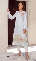Elegant white chikan embroidered shirt with floral embroidery patch on hemline. Asymmetrical floral bunch on the shoulder.Balloon sleeves with tassels to give a feminine look. Screen print of the sleeves and back of the shirt