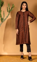 Chocolate brown woven jamawar shirt with black piping and button detail.