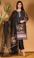 We are in love with cross-stitch embroidery this season.A classic black organza shirt and dupatta with detailed cross stitch embroidery all over in shades of pinks and green set on a monochrome black&white background.