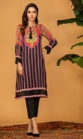 Digital print shirt with paisley and vertical lines, and embroidered hem and sleeves cuff.