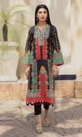 Digital print lawn shirt with collar and fabric scallop extensions.