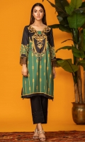 We love this Bold and strong green&gold digital print shirt with embroidered border on sleeves, black drops on hem and a scallop cut neckline