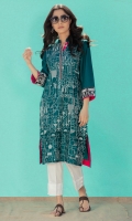Bright teal colored lawn shirt with over all embroidery in an artistic geometrical pattern, contrasting edgings ad black&white border & placket.