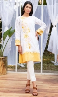White chikan shirt with bright chrome yellow borders in chikan, white laces and a pretty floral vertical embroidery on front.