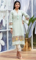 A soft muted mint chikan shirt with lace details, one handmade tassel in resham, and adding that wow is the organza inserts with multi color embroidery.