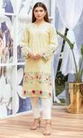 Soft yellow chikan shirt multi color embroidered border & inserts on hem & sleeves.