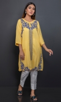 Soft yellow self textured shirt with bright blue embroidery on front.