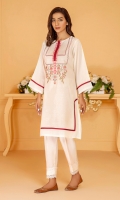 A classic white karandi shirt with embroidered neckline and contrasting maroon piping and patch tapes.
