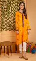 A classic summer shirt in tarkashi fabric in an Indian saffron shade with intricate embroidery and mirror work detail.